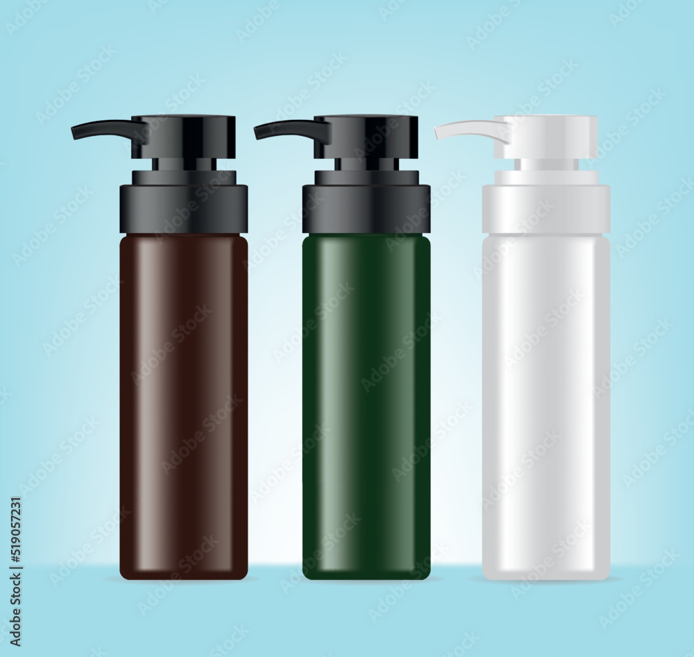 Blank templates of realistic plastic bottles for hair shampoo, milk, gel or body lotion. Container for liquid cosmetic product. White, black, brown and green package. Illustration isolated on blue. Blank templates of realistic plastic bottles for hair shampoo, milk, gel or body lotion. Container for liquid cosmetic product. White, black, brown and green package. Illustration isolated on blue.