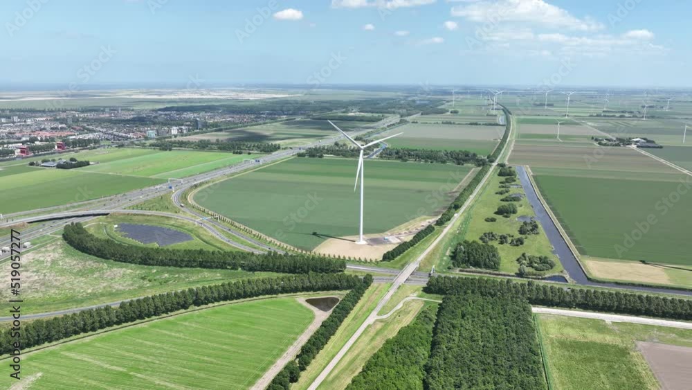 Wind turbine system sustainable energy generation on a wind farm in the countryside. Clean green renewable energy generation infrastructure and solar panels. Wind turbine system sustainable energy generation on a wind farm in the countryside. Clean green renewable energy generation infrastructure and solar panels.