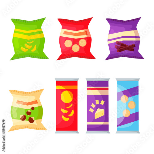 Snack set, fast food products. Potato or cheese crispy chips in pack for vending machine. Food store elements for lunch box or market design, cartoon style vector