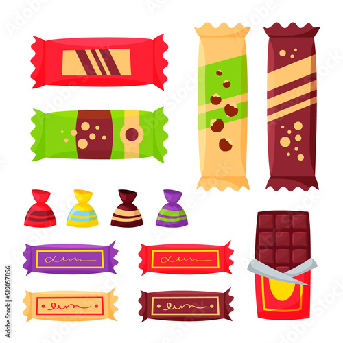 Snack set, chocolate fast food products. Sweet desert or candies with nut for vending machine. Food store elements for lunch box or market design, cartoon style vector