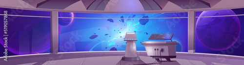 Spaceship cockpit interior with control panels and windows with view of planets, stars and explosion in outer space. Vector cartoon illustration of rocket cabin or lab and cosmos view