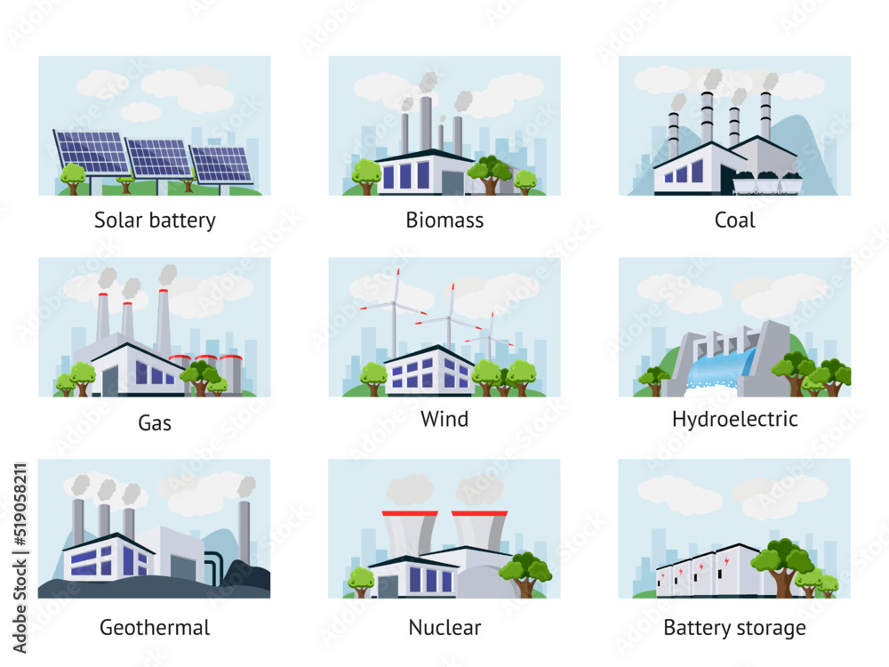 Energy power plant. Renewable and clean electric production. Coil and nuclear stations. Sustainable gas generation. Green windmill. Solar panels. Battery storage. Vector illustration set