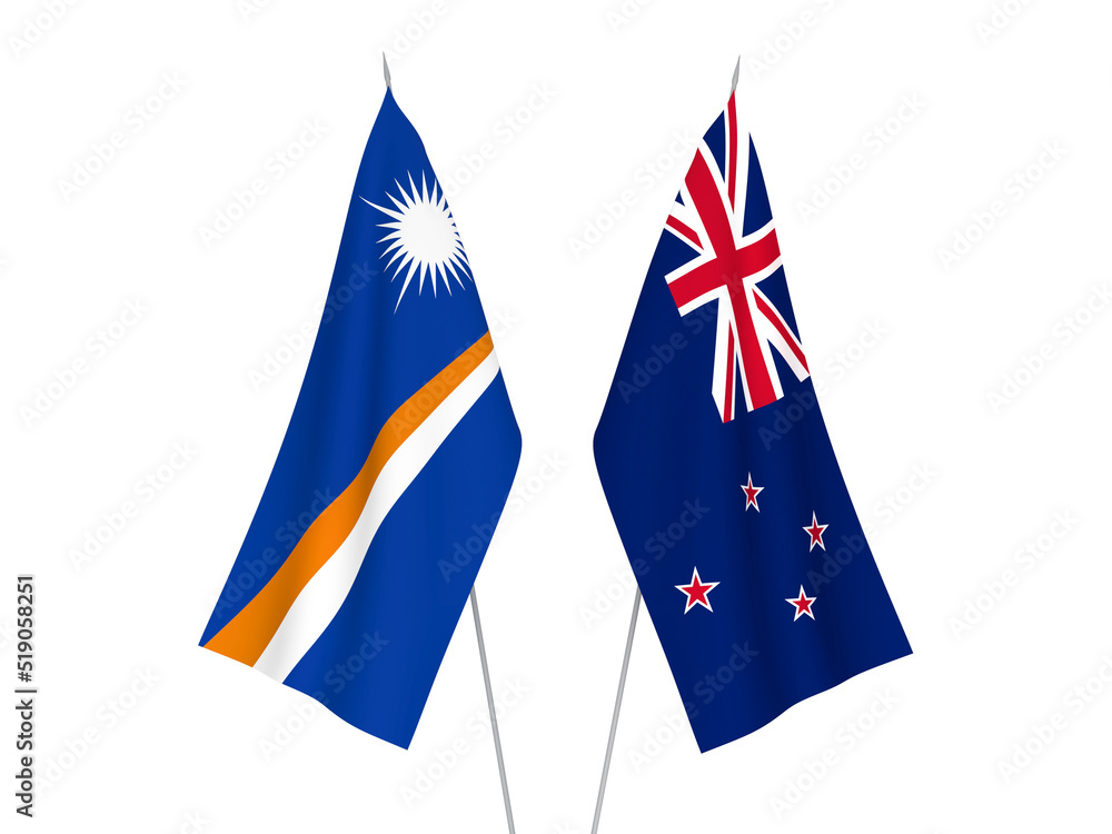 National fabric flags of Republic of the Marshall Islands and New Zealand isolated on white background. 3d rendering illustration.