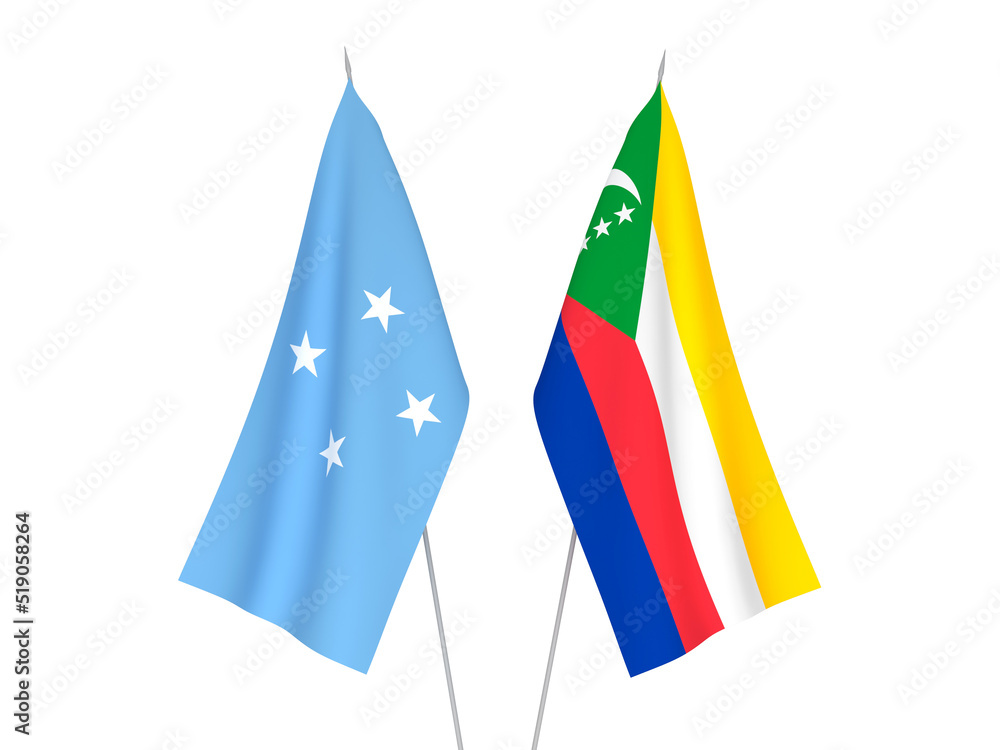 National fabric flags of Federated States of Micronesia and Union of the Comoros isolated on white background. 3d rendering illustration.