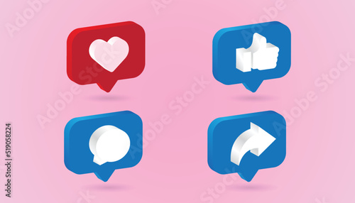 3D Love Like Comment and Share icon with notifications, isolated on pink background. 3D social media notification, Love Like Comment and Share icon design. Vector illustration.