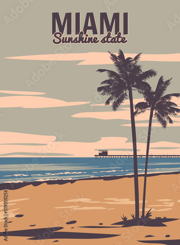 Miami Beach Vintage Poster. Beach, palm, coast, surf, ocean. Vector illustration