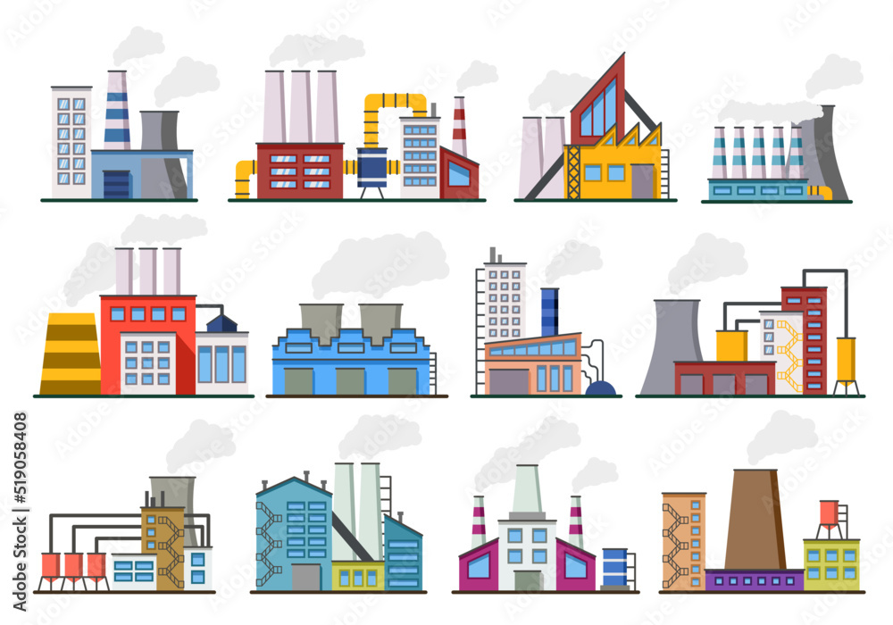 Factory industry power. Industrial buildings. Chemical station. Oil or gas plant. Electricity production construction with smoke chimneys. Urban manufacturing business. Vector icons set