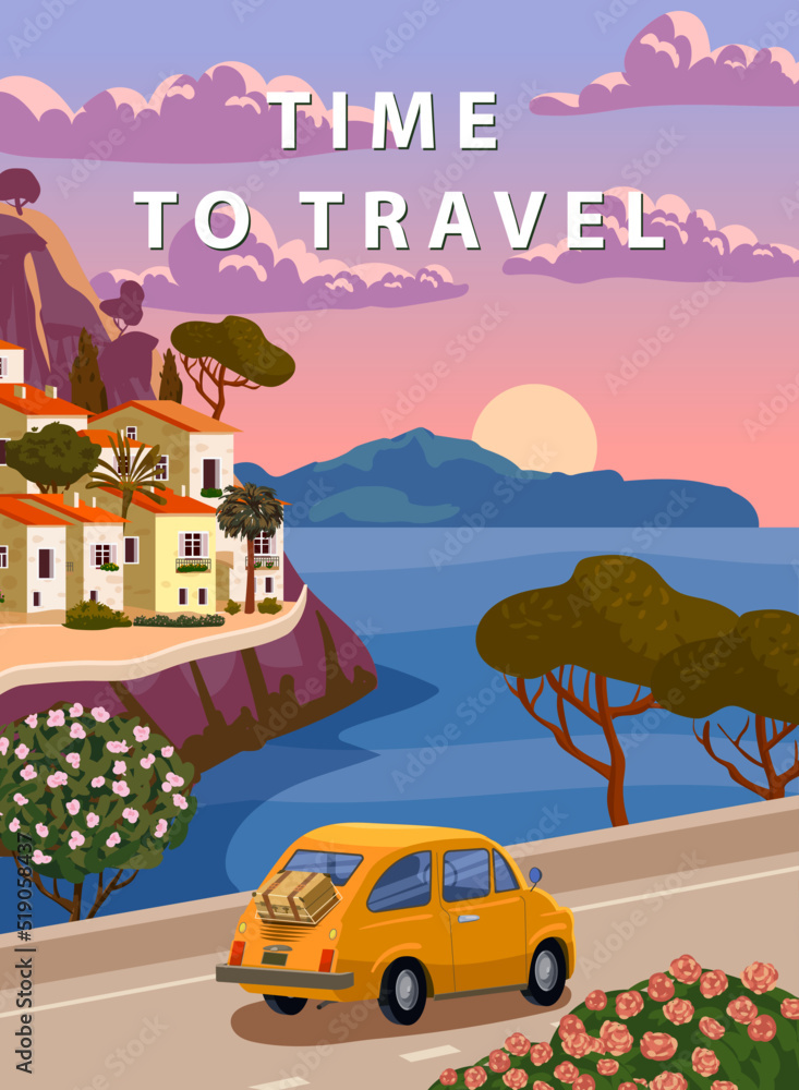 Time To Travel Italy, mediterranean romantic landscape, mountains, seaside town, sea. Retro poster travel