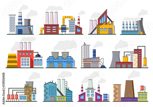 Factory industry power. Industrial buildings. Chemical station. Oil or gas plant. Electricity production construction with smoke chimneys. Urban manufacturing business. Vector icons set