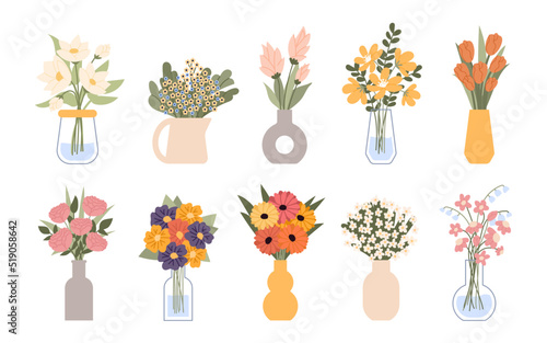 Flower bouquet in vase. Bunch of plants, floral bloom garden, cute decoration glass bottle with meadow tulips and peony, colorful blossom gifts collection. Vector cartoon flat set #519058642