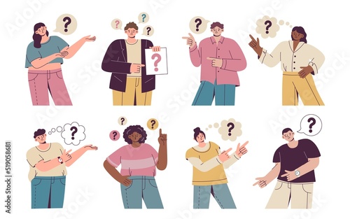 People questions. Man and woman ask about problem. Confused character portraits. Speech bubble with interrogation marks. Surprised persons pointing fingers. Vector cartoon collection