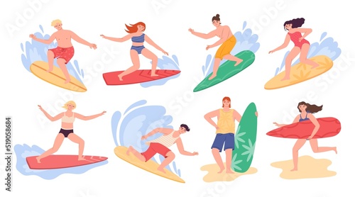 Beach surfers. People swim in waves, men and women person in summer water, boy and girl ride in sea, cute colourful activity characters. Happy guy on surfboard, cartoon flat vector set