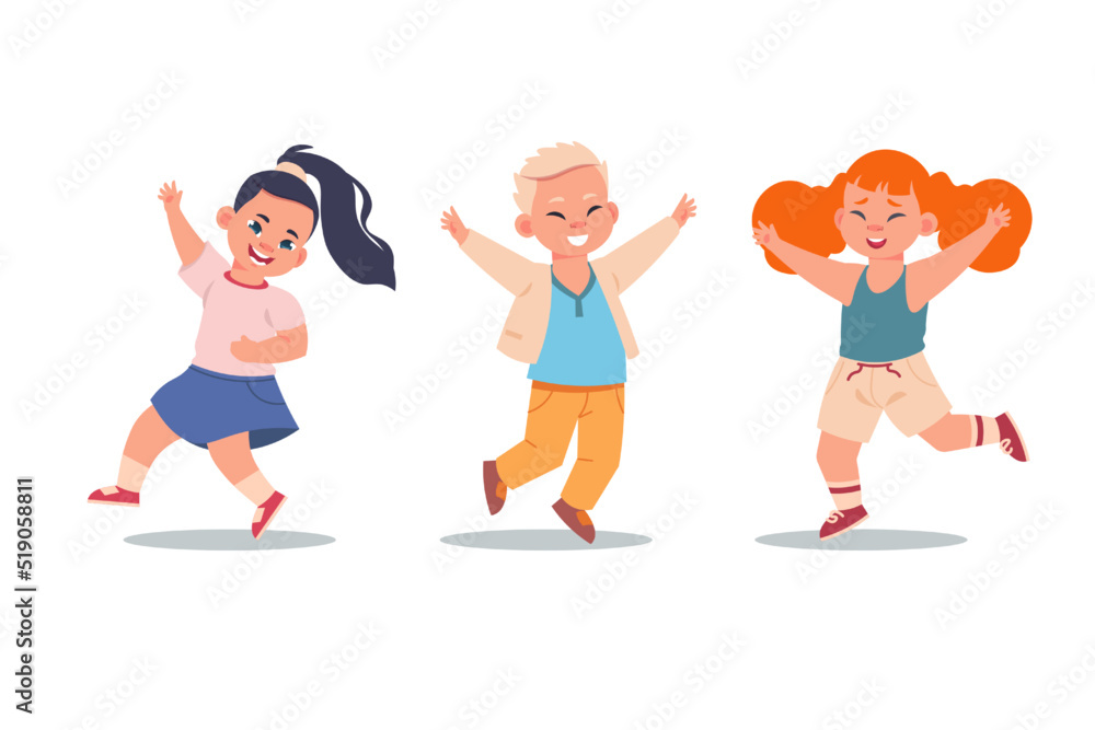 Cartoon happy children. Jumping characters smiling and laughing, school kids friendship set, cute girls and boy waving gesture, flat style elements, child in active poses, vector concept Cartoon happy children. Jumping characters smiling and laughing, school kids friendship set, cute girls and boy waving gesture, flat style elements, child in active poses, vector concept