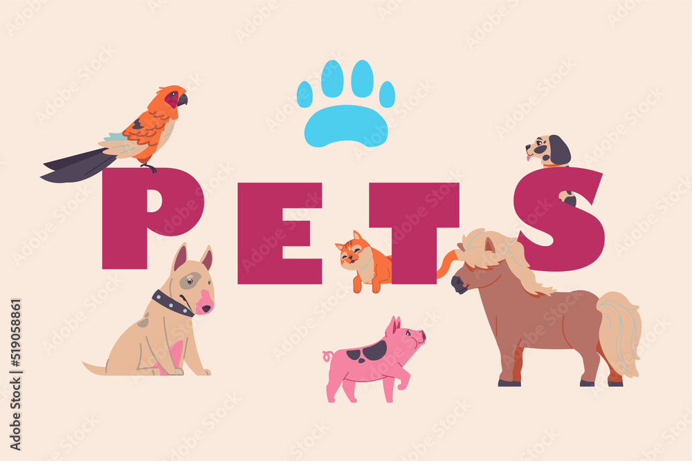 Adopted pets. Cartoon banner with lettering. People taking animals from vet clinics and dog shelter. Pig or horse. Domestic mammal characters set. Cat and bird. Vector veterinary flyer