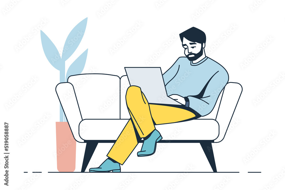 Work with laptop. People working at home, freelance character in comfortable conditions. Guy sitting on sofa. Busy worker at workplace vector self employed man cartoon flat illustration