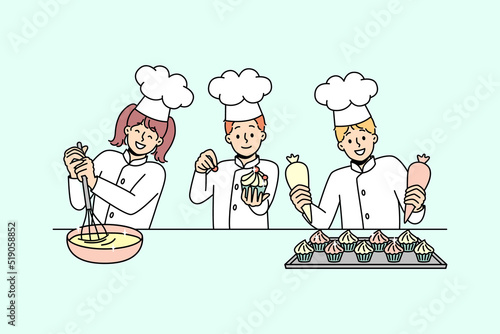 Little kids cooks have fun baking together. Smiling small children in uniforms cooking preparing desserts at kitchen. Workshop or future profession. Vector illustration. 