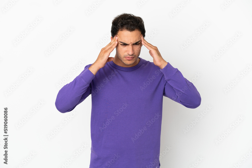 Caucasian handsome man over isolated white background with headache Caucasian handsome man over isolated white background with headache