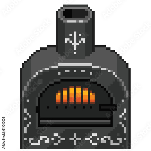 An 8-bit retro-styled pixel-art illustration of a black steel furnace.