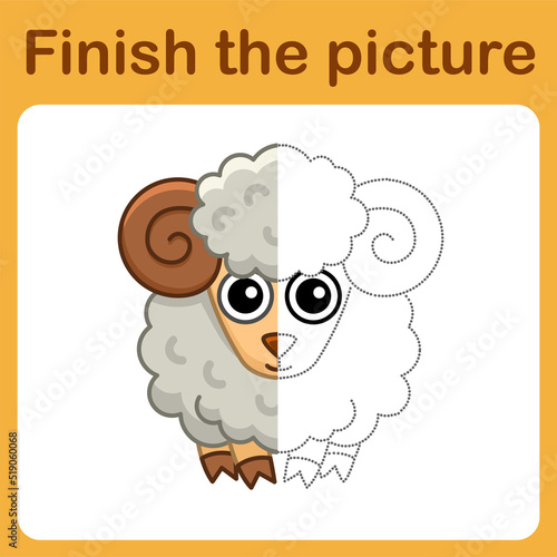 Connect the dot and complete the picture. Simple coloring book of sheep. Drawing game for children