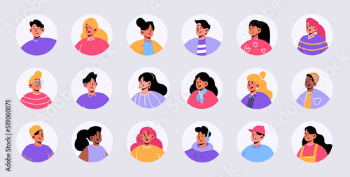 Set people avatars, faces of male and female characters. Young men or women portraits for social media and web design, diverse persons, teens isolated round icons, Line art flat vector illustration