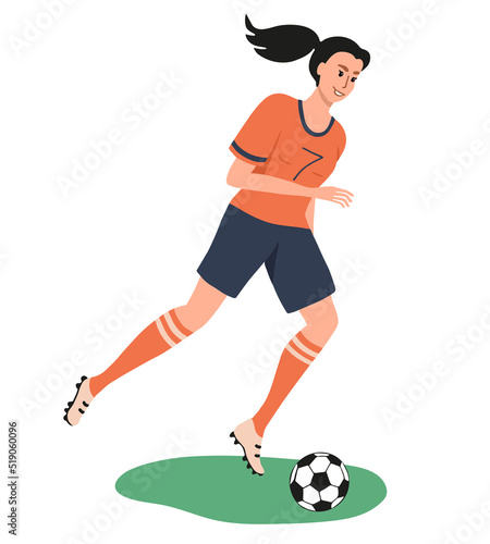 Smiling girl soccer player running kicking a ball with the number 7 on a t-shirt. Woman playing football. Bright colorful female character isolated on white background. Vector illustration.