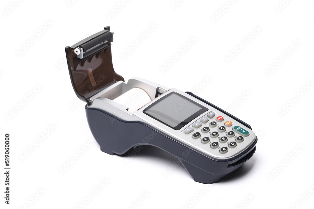Pos terminal with open tape compartment isolated on white background Pos terminal with open tape compartment isolated on white background