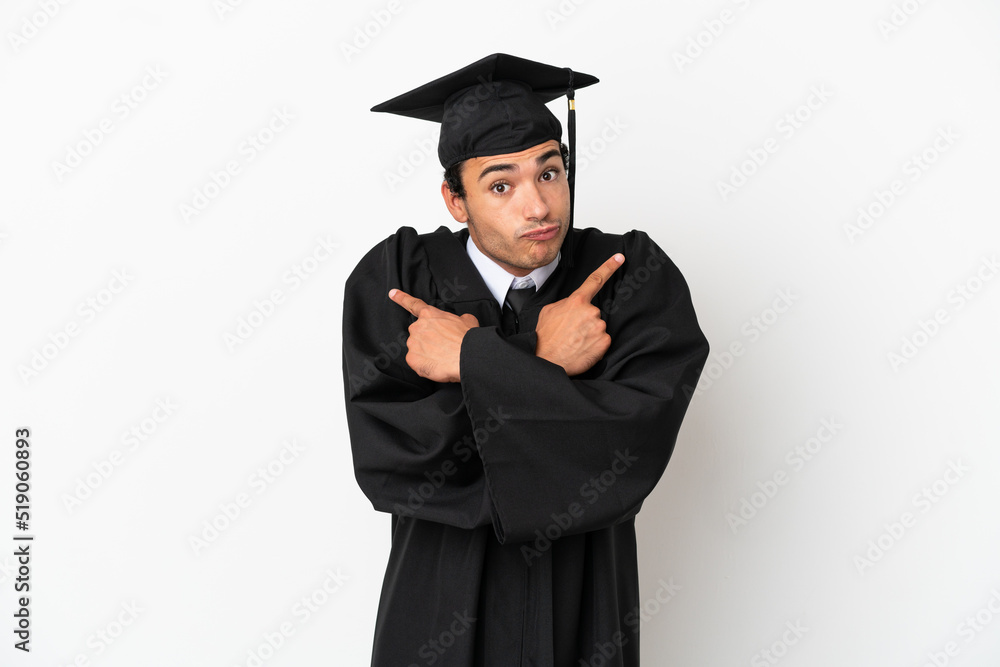 Young university graduate over isolated white background pointing to the laterals having doubts Young university graduate over isolated white background pointing to the laterals having doubts