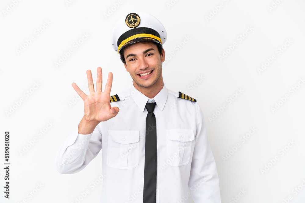 Airplane pilot over isolated white background happy and counting four with fingers Airplane pilot over isolated white background happy and counting four with fingers