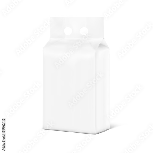 Packaging bag with a finger hole handle mockup. Vector illustration isolated on white background. Perfect for presentation laundry, tissue, diapers, nappies, wipes, food, washing, pet and etc. EPS10.