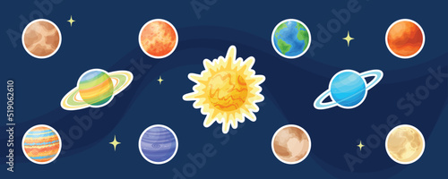Cartoon space planet set graphic sticker, comic astronomical sphere vector illustration label, flat celestial body design patch collection on blue background for magic cosmic fantasia concept
