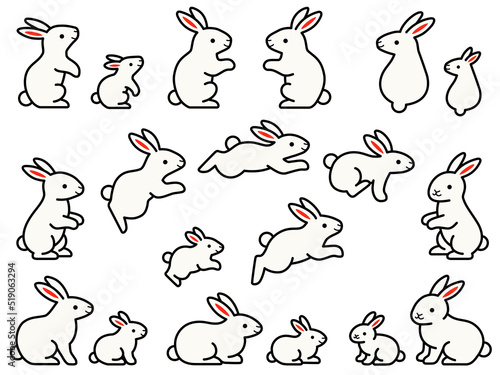 色々なポーズの白いウサギの親子のイラストセット