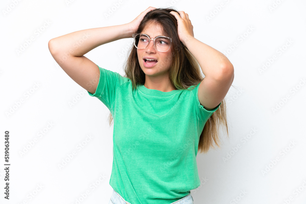 Young caucasian woman isolated on white background stressed overwhelmed