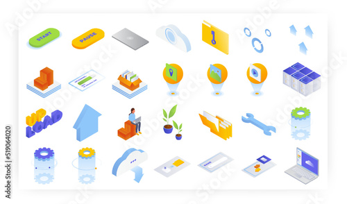 Cloud storage and file transfer services, vector isometric icon set. Upload files to cloud storage, edit files in it