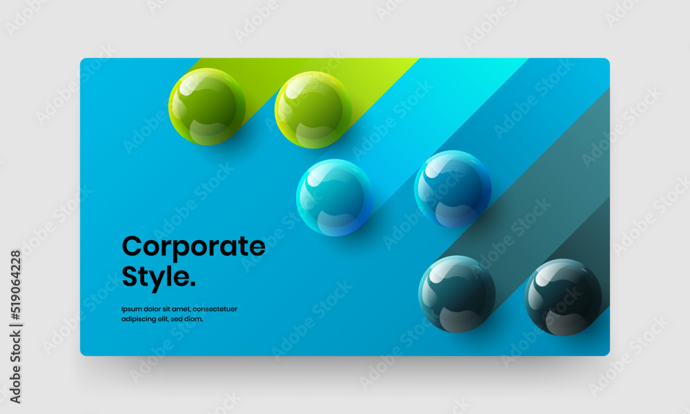 Bright 3D spheres catalog cover layout. Vivid company brochure design vector illustration.