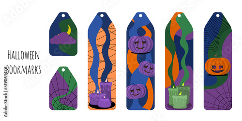 Set of 6 bookmarks with colorful spots and Halloween pumpkin and candles. Bookmark templates for reading. Line geometric elements. Bright and positive colors. Isolated on white background.