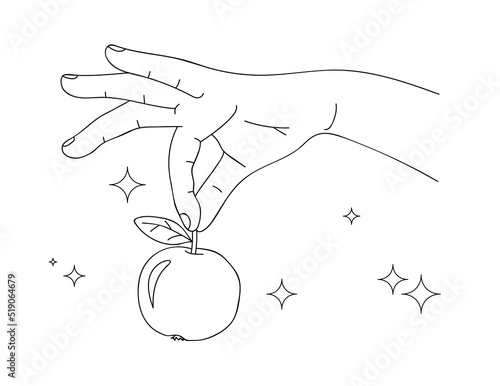 Hand holding an apple. Apple in hand icon. Concept of healthy lifestyle. Vegetarian or vegan food. Light snack. Dieting for weight loss. Positive thinking. Health care. Sketch, linear drawing