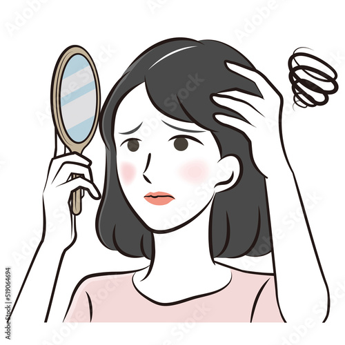 髪の悩み　生え際の薄毛に悩む女性　イラスト