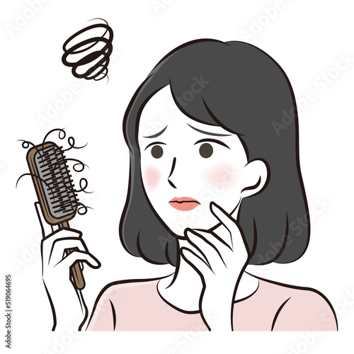 髪の悩み　櫛についた抜け毛に悩む女性　イラスト