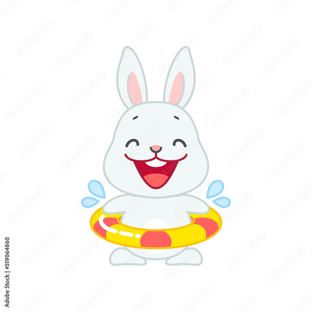 Cute bunny with swimming ring. Flat cartoon illustration of a happy ...