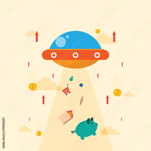 Food Prices Rise. Illustration of the concept of Inflation with UFOs that increase basic needs and money whose value decreases.