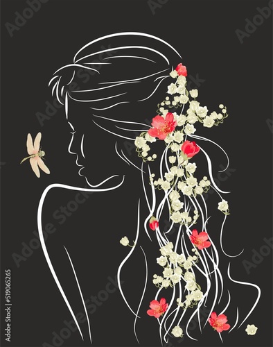 composition with the contours of a woman who has flowers in her hair