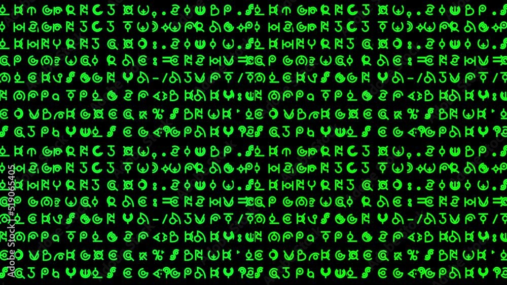 Motion graphics featuring lines of alien style hieroglyphs and written text rapidly changing in random sequences in small-sized green font - ideal for screen replacement content Motion graphics featuring lines of alien style hieroglyphs and written text rapidly changing in random sequences in small-sized green font - ideal for screen replacement content