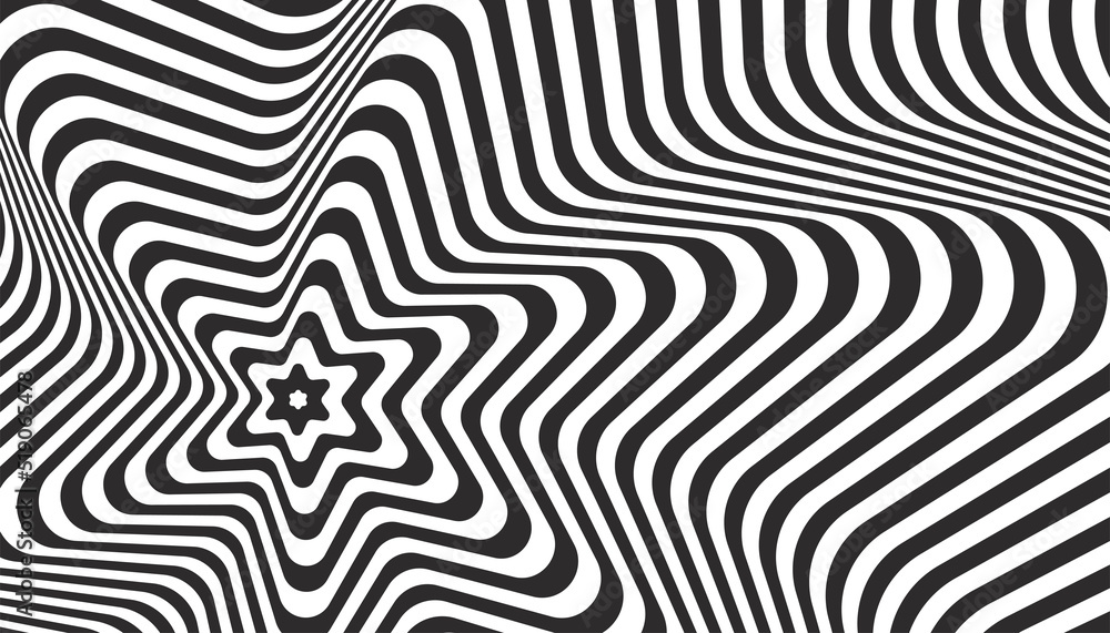 Abstract hypnotic pattern of black and white lines. Optical illusion. Op art illustration on white background.