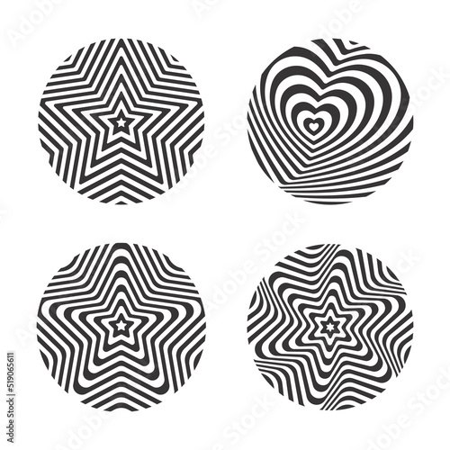 Set of round abstract patterns of black and white lines for t-shirts, posters, clothes, merch design. Op art illustration.
