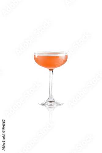 Raspberry sour cocktail in glass isolated on white background. Classic alcohol drink in champagne glass. Cocktail with egg foam. Citrus sour cocktail over white.