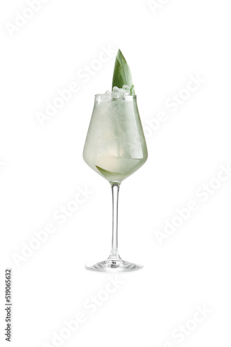 Classic Gin tonic cocktail with leaf isolated on white background. Transparent alcoholic cocktail with ice in wine glass. Alcoholic drink in minimal style. Summer aperitif with gin and tonic.