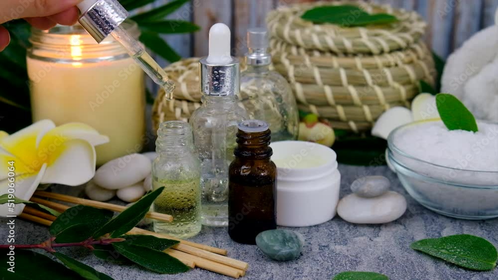 Spa cosmetics and oils for face and body care. Selective focus. Spa cosmetics and oils for face and body care. Selective focus.