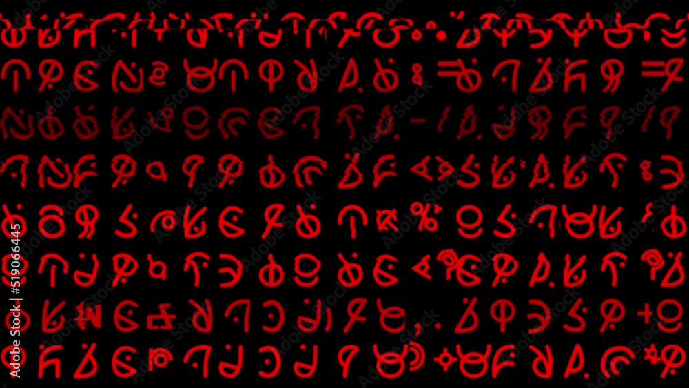 Motion graphics featuring scrolling lines of glitchy curvy alien style hieroglyphs and written text rapidly changing in random sequences in mid-sized red font - ideal for screen replacement content Motion graphics featuring scrolling lines of glitchy curvy alien style hieroglyphs and written text rapidly changing in random sequences in mid-sized red font - ideal for screen replacement content