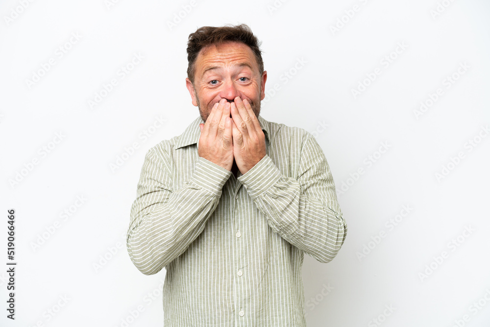 Middle age caucasian man isolated on white background happy and smiling covering mouth with hands Middle age caucasian man isolated on white background happy and smiling covering mouth with hands