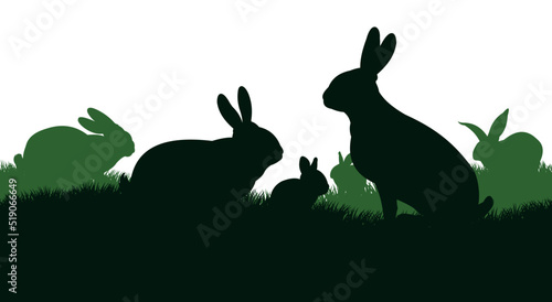 Rabbits are grazing on grass hill. Picture silhouette. Farm pets. Fur animals. Isolated on white background. Vector